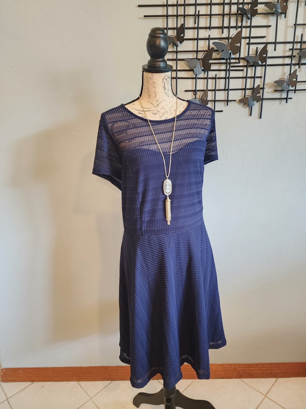 City Chic Navy Short Sleeve Textured Fit & Flare Dress